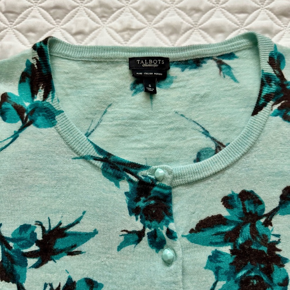 Talbots Pure Italian Merino Wool Button Down Cardigan Mint Teal Floral Size S - Picture 3 of 15
